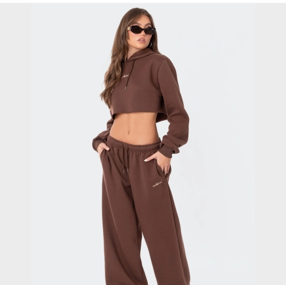 NWT WOMEN'S EDIKTED BROWN BREANNA CROPPED SWEATSHIRT HOODIE Sz M $65 NORDSTROM - Picture 2 of 2